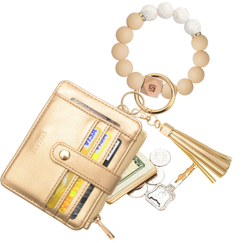 COOLANS Wristlet Bracelet Keychain Pocket Credit Card Holder Purse Tassel Keychain Bangle Key Ring for Women (Silicone Bead Bracelet+Card Purse (Coffe gold)) - Image 1